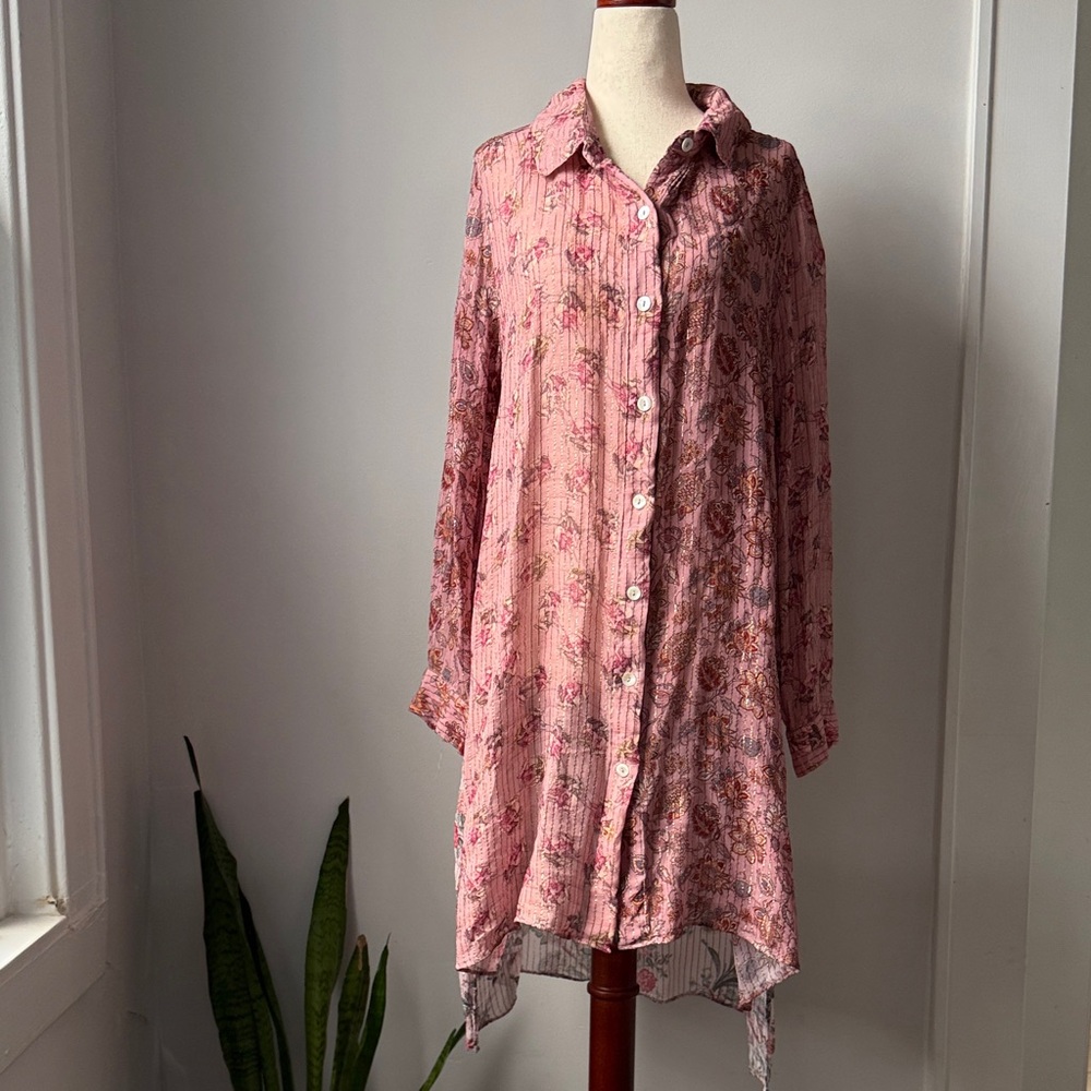 Soft Surroundings Pink Floral Tunic Button Front Sheer Long Sleeve Cover Up